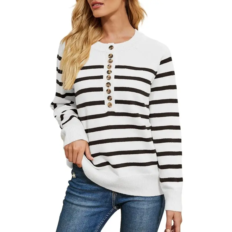 Women Fall Striped Sweaters Soft Lightweight Long Sleeve Crew Neck Loose Fit Knit Pullover Top