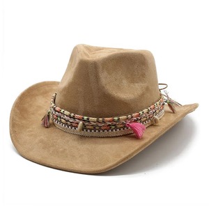2023 nuevo sombrero de cuero de vaquero de cuatro estaciones para hombres gorra de gamuza de estilo bohemio 57-58cm correas trenzadas decoración de borlas para Casual - Product Image 1