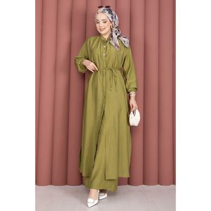 Conjunto de Túnica Larga Verde Oliva para Mujer, Modal y Chifón, Cuello Mao con Cordones, Atuendo Otoñal de Dos Piezas, Incluye Top - Product Image 4