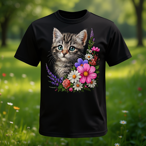 Maglietta Floreale con Gattino Carino, T-Shirt Promozionale con Stampa Floreale per Gatti - Product Image 3