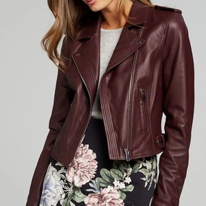 Chaqueta de Cuero para Mujer, Invierno, Color Borgoña, Piel de Oveja Suave, Ecológica, Ligera, Estilo Motociclista, Alta Calidad - Product Image 1