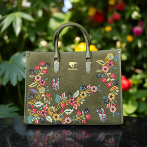 Bolso Tote Bohemio Priglob Exim de Cuero Vegano con Bordado de Hilo de Algodón para Mujer, Verde Oliva, Alta Calidad, Todas las Temporadas, PickAleaf Hasps - Product Image 6