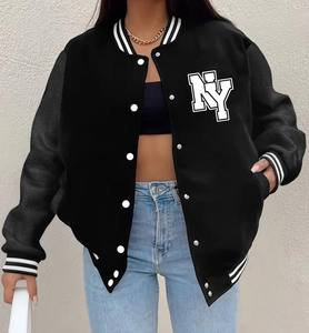 À la mode femmes lettre imprimer université veste col montant manteau ample Style de rue rayé manchette décontracté mode vêtements d'extérieur polaire - Product Image 5