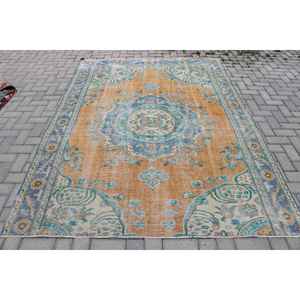 Tapis vintage 6,1x8,4 pieds, tapis turc en laine rayé orange et bleu - Product Image 1