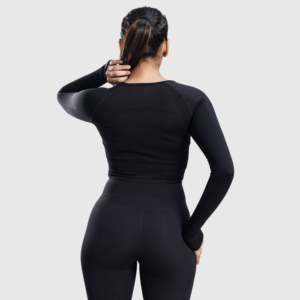 Comfortable Breathable Black Crop <b>Top</b> for <b>Women</b> Custom Logo Casual Sportswear with <b>Mesh</b> for Gym Knitted Fabric - Product Image 2