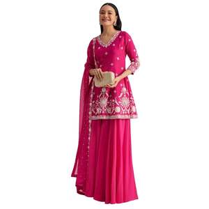 Traje Palazzo bordado rosa con Dupatta, venta al por mayor, Ropa Étnica OEM para mujer, proveedor de fábrica, ropa de fiesta personalizada, traje de boda - Product Image 3