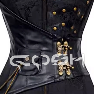 Corset gothique steampunk avec chaîne et poche |   Corset respirant à haute compression en brocart personnalisé, noir, avec fermeture à boucle à bascule - Product Image 2