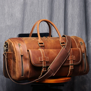 Genuine Leather Foldable Portable <b>Duffel</b> <b>Bag</b> Weekender Travel Carry-On with Zipper Closure Adjustable Strap Brown - Product Image 1