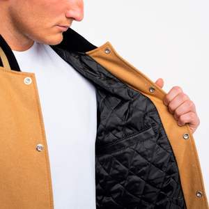 Chaqueta de lana de Camel y mangas de cuero negro para hombre, abrigo personalizado de alta calidad, abrigo de béisbol universitario - Product Image 4