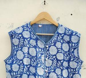 แจ็กเก็ตพิมพ์ลายแขนกุดคอตตอนใส่ได้ทั้งชายและหญิงเสื้อคลุมสไตล์โบฮีเมียนทอินเดียทำด้วยมือสไตล์ลำลอง - Product Image 1