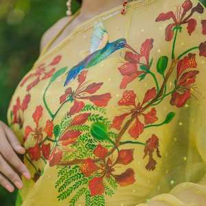 Light <b>weight</b> yellow color party wear saree in handcrafted and digital prink work with organza fabric for Indian Pakistani <b>ladies</b> - Product Image 2