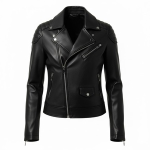 Veste d'hiver rétro en peau d'agneau pour femme, nouvelle arrivée, logo personnalisé moderne, ODM, cuir végétalien durable, veste moto pour femme, surdimensionnée, noire - Product Image 2