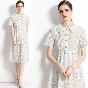 Droma high end water soluble flower Heavy Industry embroidery hollowed out short sleeve casual dresses women elegant lace dress