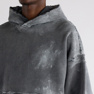 Sudadera con Capucha Personalizada para Hombre, Estilo Urbano, Lavado Ácido, Desgastada, de Poliéster/Algodón Grueso de 480 g/m², Color Sólido, Efecto Desgastado por el Sol, para Otoño - Product Image 3