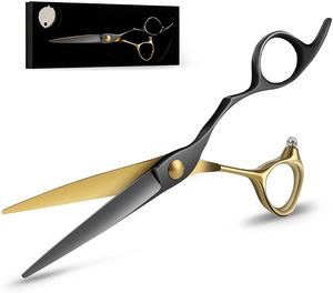 Ciseaux de coiffure noirs et dorés en acier inoxydable, design élégant avec vis réglable et repose-doigts pour la coupe de cheveux - Product Image 1