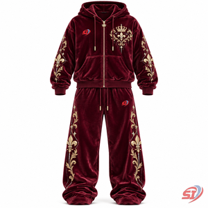 OEM Royal Wine Crest Velour <b>Velvet</b> <b>Tracksuit</b> Rhinestones Crystal 95 Cotton 5 Elastane Hoodie Pants Set Luxury Oversized Stree - Product Image 1