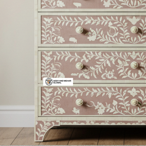 Commode artisanale moderne en bois de manguier massif et incrustations en os, 6 tiroirs, motif floral, pour chambre et salon - Product Image 5