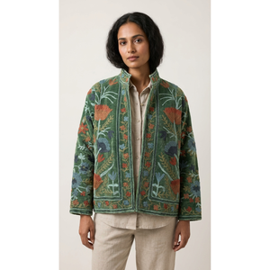 เสื้อแจ็คเก็ตกำมะหยี่ปักลายแบบกลับด้านได้ Gulbadan Forest สำหรับสุภาพสตรี เสื้อโค้ทเบลเซอร์ฤดูใบไม้ร่วง/ฤดูหนาว ไซส์ XXL ถึง 5XL ทำด้วยมือจากหนัง - Product Image 1