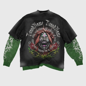 Camisa premium de algodón de doble capa de 240 GSM, negra, con paneles de manga con estrellas, gráfico vintage, logotipo personalizado, camisas de doble capa - Product Image 3