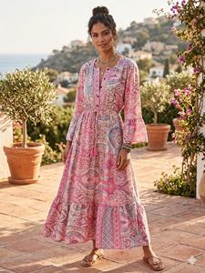 Robe longue décontractée en soie tissée indienne, style bohème naturel, géométrique coréen Y2K, taille unique, col rond, pour l'été - Product Image 2