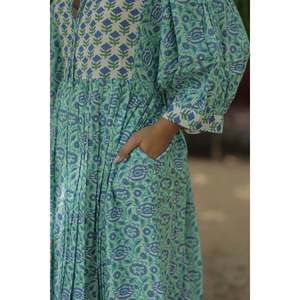 Women's Cotton Midi Dress Hand <b>Block</b> <b>Printed</b> Floral Boho Chic Flowy Gown with Long Sleeves and Pockets Sustainable Leisurewear - Product Image 4