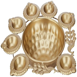 Polished Gold Metal Flower tealight <b>Candle</b> <b>Holder</b> Urli Bowl <b>Floating</b> Flowers for Home Decor Diwali Weddings Holds 7 tealight - Product Image 2