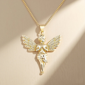 Collar QIKU con Colgante Romántico en Forma de Ángel Color Oro para Mujer de Cobre con Circonita, Accesorio de Joyería <span class=keywords><strong>Religiosa</strong></span> para Orar, Regalo de Aniversario - Product Image 1