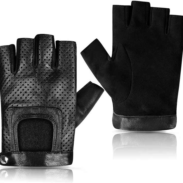 Top quality genuine leather sheepskin cowhide Half finger gloves Punk Rock with Metal nails studs Gloves