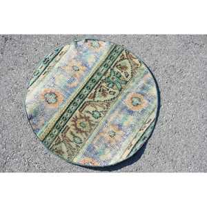 Alfombra Vintage de 2.2x2.2 pies, Alfombra Turca, Alfombra de Lana con Rayas Azules - Product Image 2