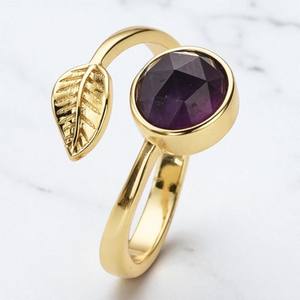 Anillo de hoja de piedra preciosa redonda-Anillo de moda de piedras preciosas chapado en oro-Anillo de diseñador ajustable al por mayor - Product Image 5