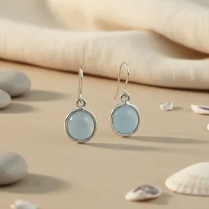 Boucles d'oreilles pendantes en calcédoine bleue plaquées argent pour femme, bijoux classiques et tendance, sertissage clos, hypoallergéniques et résistantes au ternissement - Product Image 2
