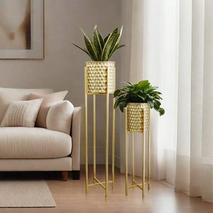Set of 2 Metal <b>Planters</b> with <b>Gold</b> Powder Coated Stand Different Sizes Round Shape Metal Flower <b>Planters</b> for Home Garden Decor - Product Image 5