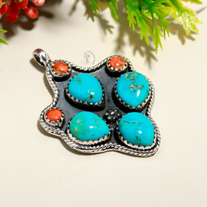 Nouvelle Arrivée Véritable Turquoise Et Éponge Corail Poire Forme Solide 925 Sterling Lunette Ensemble Designer Déclaration À La Main Femmes Pendentif - Product Image 4