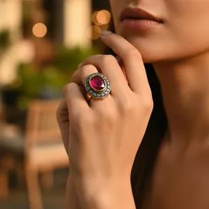 Handmade Women's Boho Statement <b>Ring</b> Ruby and Diamond Cocktail with VS Clarity Platinum and Rhodium Plated Gold <b>Dainty</b> Style - Product Image 1