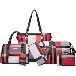 Ensemble de sacs pour femmes de haute qualité en toile à carreaux et en cuir PU, sac fourre-tout, sac à main, bandoulière, portefeuille, pochette assortie - Product Image 6