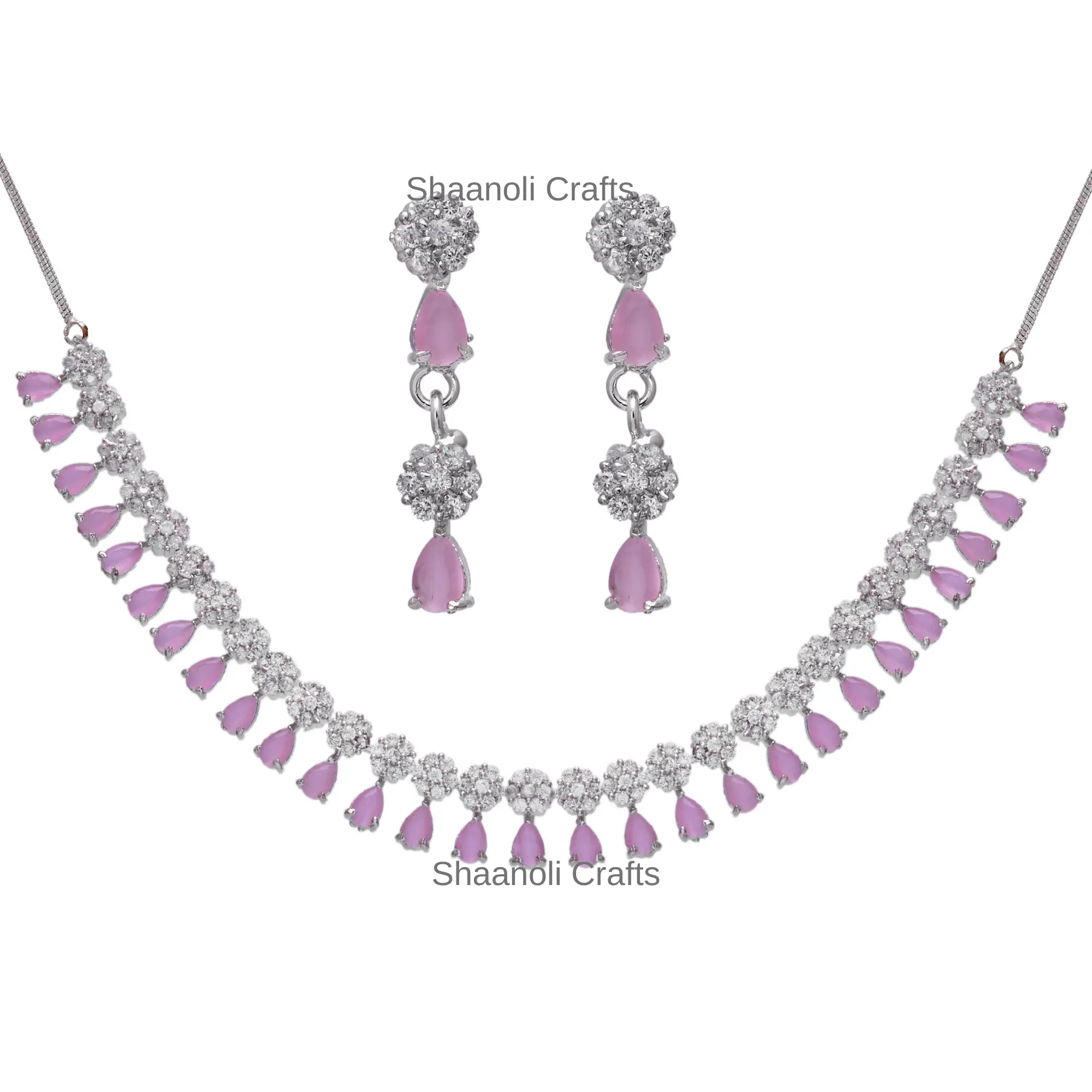 Conjunto de colar de diamante americano feito à mão, pedras rosa, elegante, único, joias de casamento para mulheres e meninas, a preço baixo