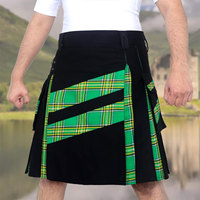 Kilt écossais utilitaire pour homme, moderne, hybride, en coton noir, motif tartan vert irlandais à bandes croisées, personnalisé, vente en gros