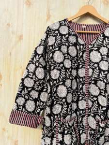 Chaqueta de algodón de Jersey acolchado con estampado de bloque de mano indio para mujer, estampado Floral, prendas de vestir exteriores informales, botones, Reversible para todas las estaciones - Product Image 6