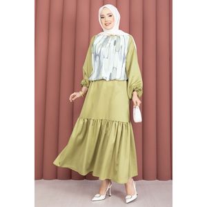 Conjunto de Dos Piezas en Satén Verde Oliva con Falda Estampada, Sin Cuello, Talla XS, para Primavera/Verano - Product Image 4