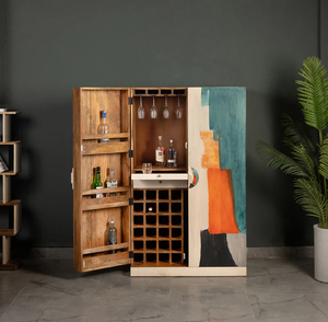 Meuble de bar en bois foncé de style secrétaire traditionnel avec dessus de service rabattable, disponible au prix de gros. - Product Image 5