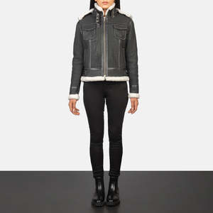 Fiona Black Hooded <b>Shearling</b> Leather <b>Jacket</b> Windproof Feature - Product Image 3