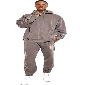 Conjunto de pantalones y sudaderas con capucha de gran tamaño con logotipo bordado desgastado personalizado para hombre, chándales con bolsillo lateral de dos piezas, chándal de algodón 100 para - Product Image 4