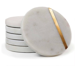Marble Coasters Set of 6 Handcrafted Natural <b>Wood</b> And Marble Mango coaster Made In India - Product Image 1