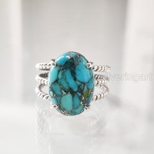 Anillo de Plata de Ley 925 para Mujer con Turquesa Azul Natural, Gema de Nacimiento de Diciembre, Diseño Bohemio de 3 Bandas Trenzadas - Product Image 2
