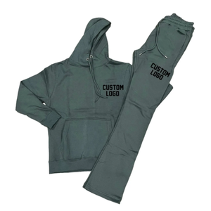 Custom Rhinestone Flare Chándal-Acid Wash French Terry Set OEM Distressed Sun-Fade Chándal-Cotton Flare Pantalones de chándal Set - Product Image 1