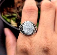 Bague Chevalière de Mariage Tendance en Argent Sterling 925 Fait Main, Ovale 10x14mm, Sertie Pavé à Griffes, Motif Filigrane, Bijoux Fins
