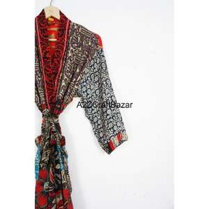 Robe kimono pour femme en soie pure à 100%, élégante, respirante, longueur totale, fermeture à cordon, avec tissu sari indien - Product Image 3