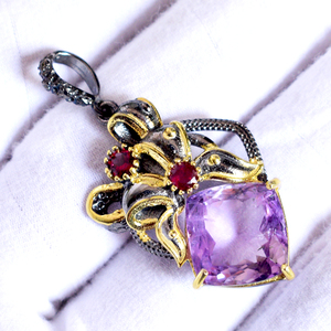 925 Solid <b>Silver</b> Gemstone <b>Necklace</b> Natural Amethyst & Garnet Pendant for Women at Wholesale Price - Product Image 6