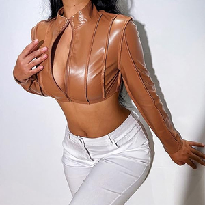 La chaqueta de cuero estilo motorista con cremallera más vendida para mujer Chaqueta de cuero con bolsillos delanteros de etiqueta privada para mujer con tarifa al por mayor 2025 - Product Image 3