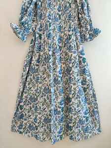 Vestido de Mujer, Vestido Largo de Algodón con Estampado a Mano, Vestido Largo con Escote Cuadrado y Fruncido, Vestido de Verano de Algodón - Product Image 4